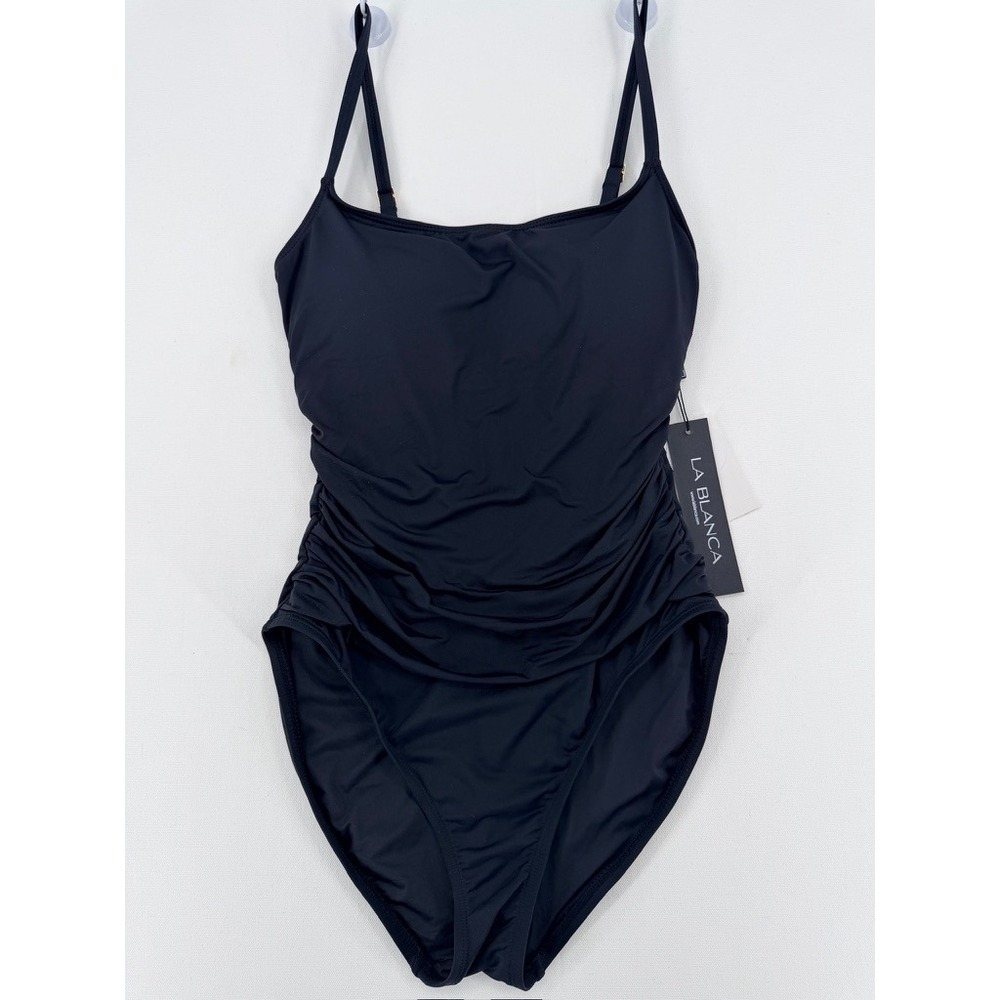 NEW La Blanca Island Goddess One Piece Swimsuit Black Shirred Size 8 - Picture 2 of 11